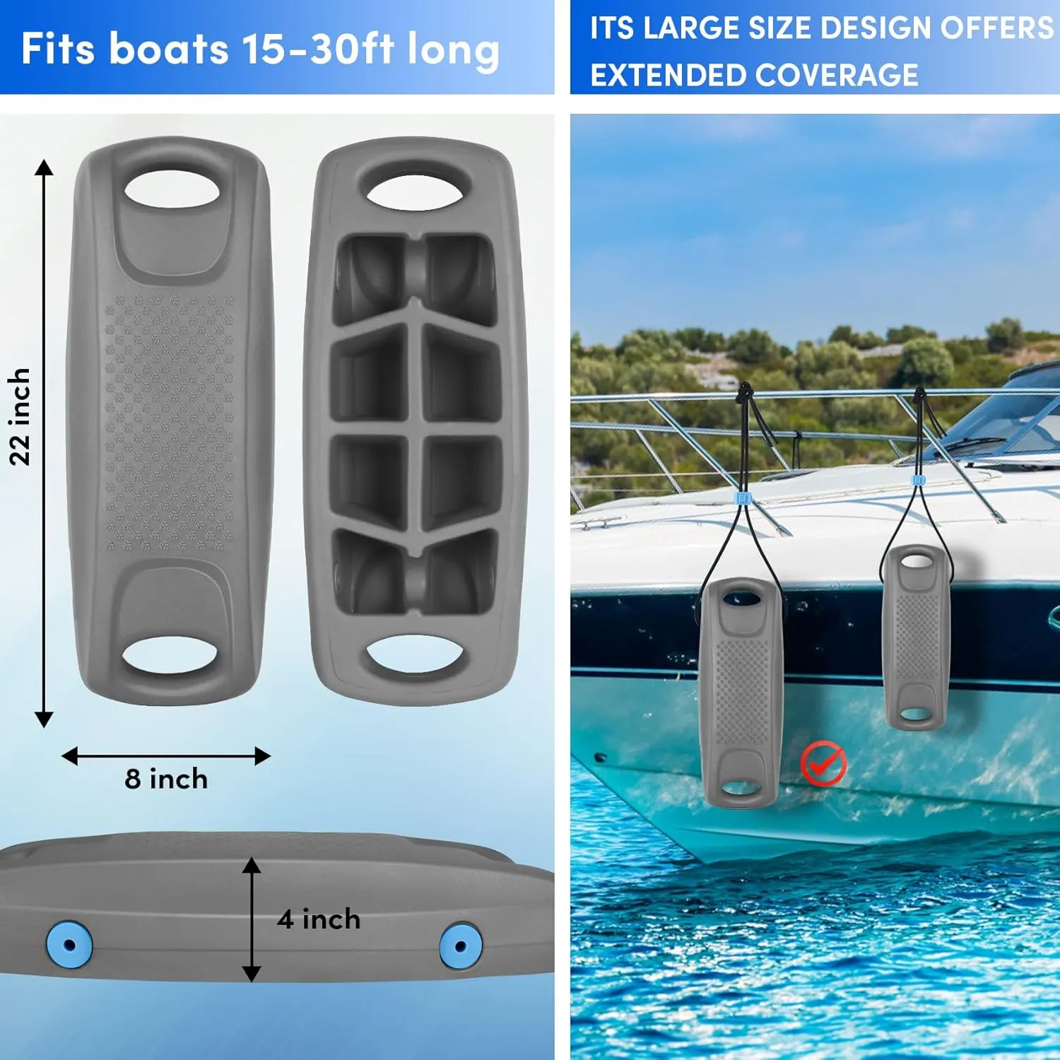 Upgraded Extended 8 x 22 inch Boat Fenders EVA Boat Bumpers Fenders（1,2,4 Pack）,Boat Bumpers for Docking Ideal for Fishing Boat, Pontoon, Bass,Dock,PWC,Jet Ski(3 Color)