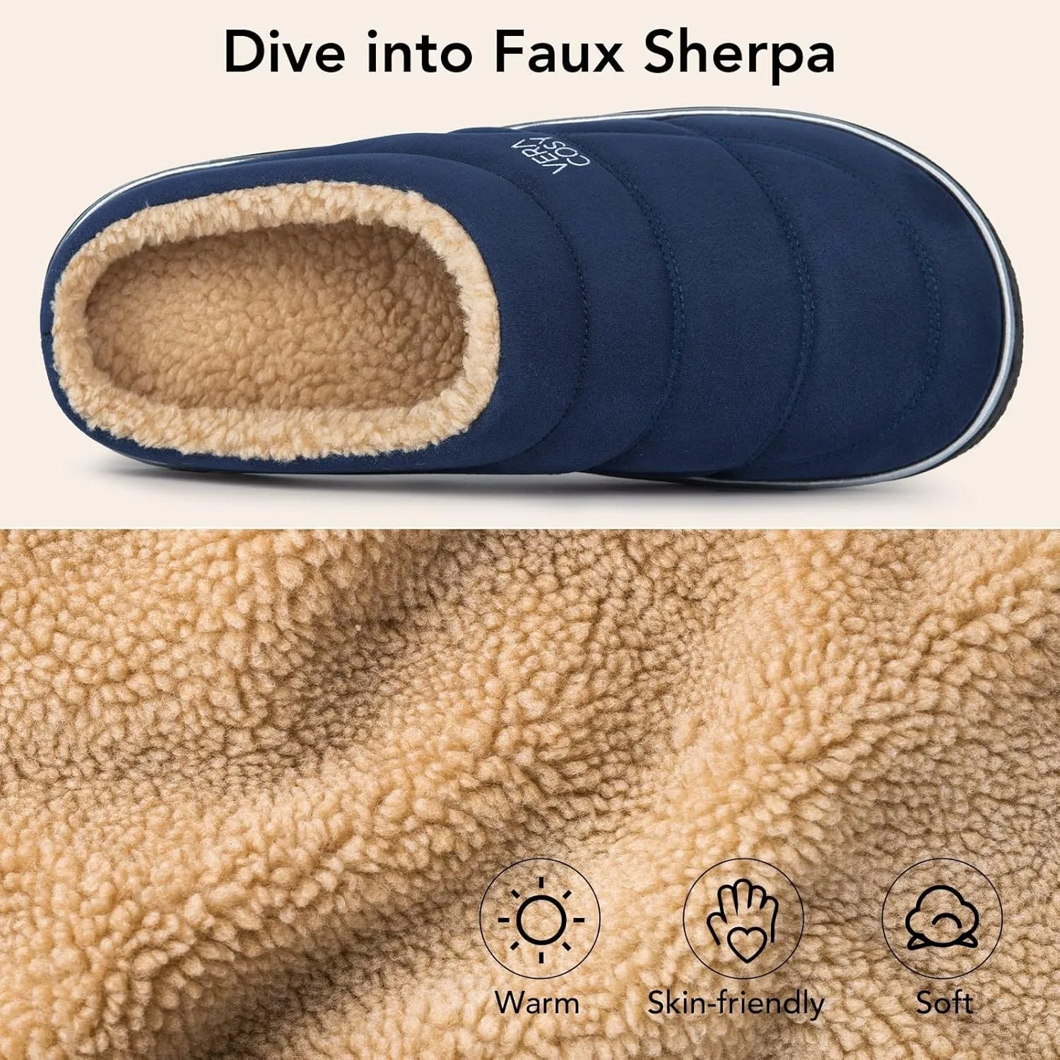VeraCosy Men's Quilted Slip-on Slippers Technical-cloth Soft Fuzzy Comfy Non-slip Campground Style House Shoes
