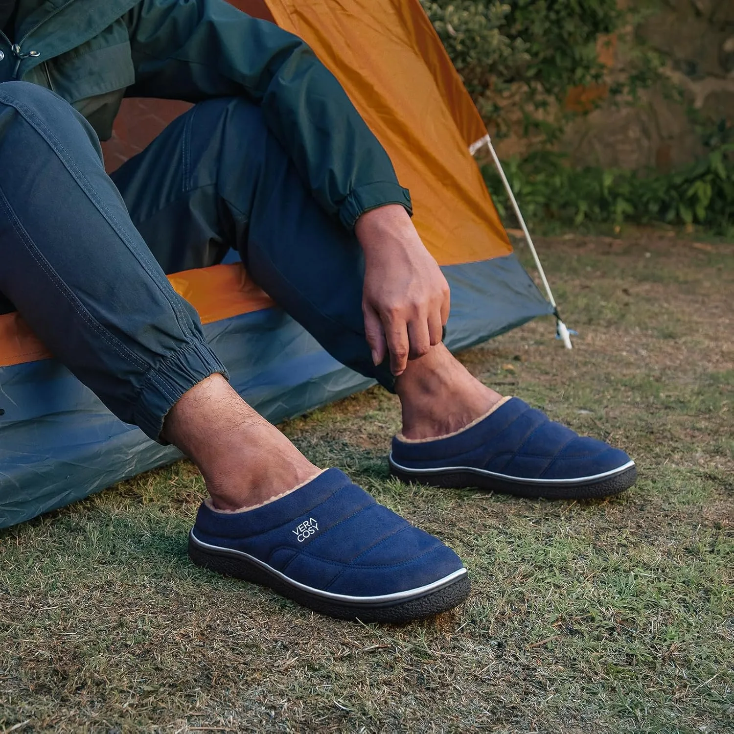 VeraCosy Men's Quilted Slip-on Slippers Technical-cloth Soft Fuzzy Comfy Non-slip Campground Style House Shoes