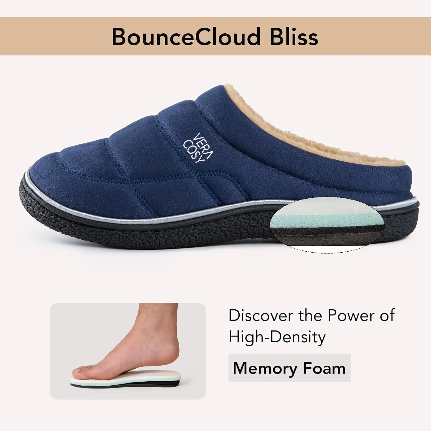VeraCosy Men's Quilted Slip-on Slippers Technical-cloth Soft Fuzzy Comfy Non-slip Campground Style House Shoes