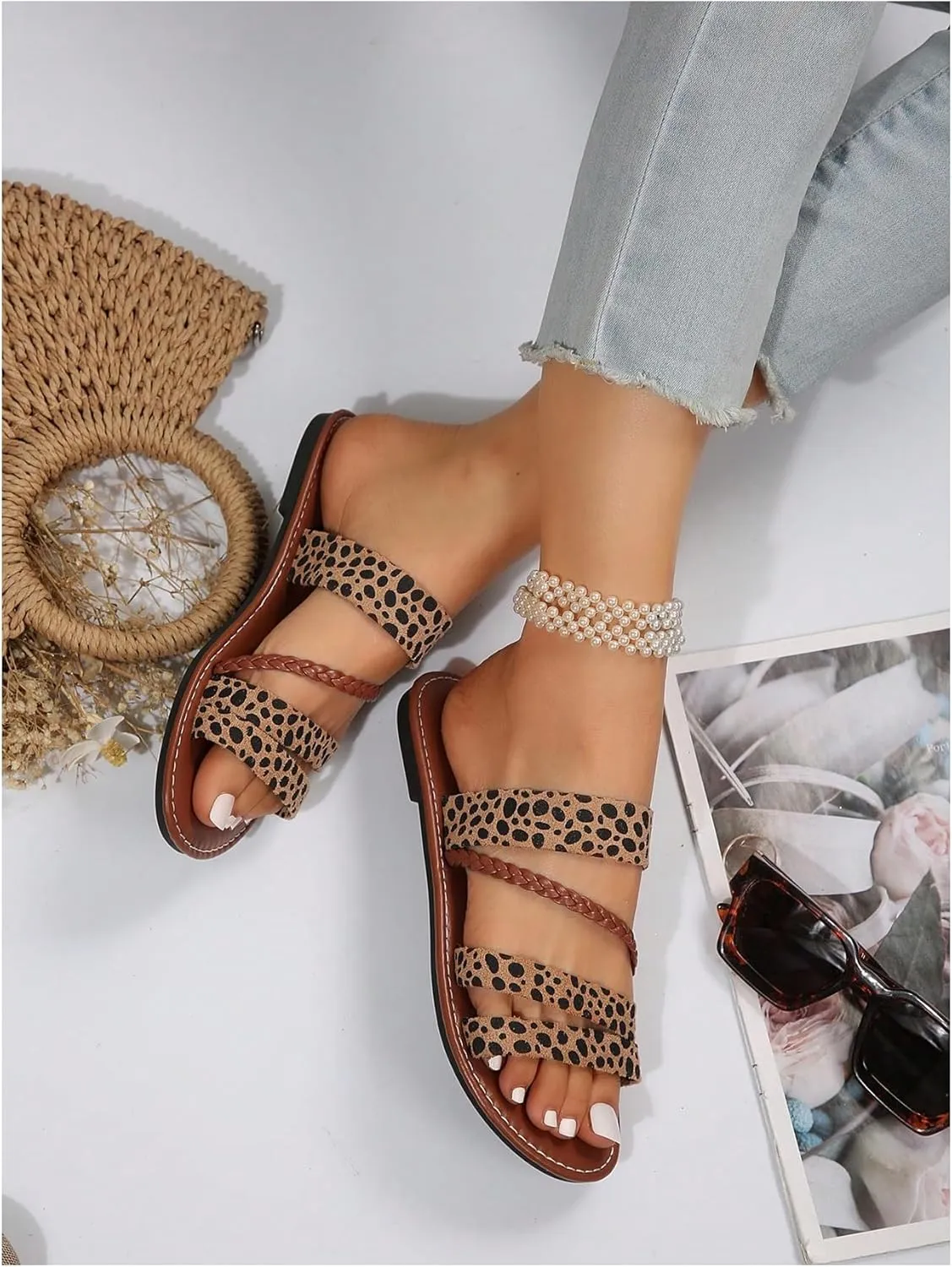 Verdusa Women's Braided Strappy Flat Sandals Summer Slides Open Toe Beach Shoes