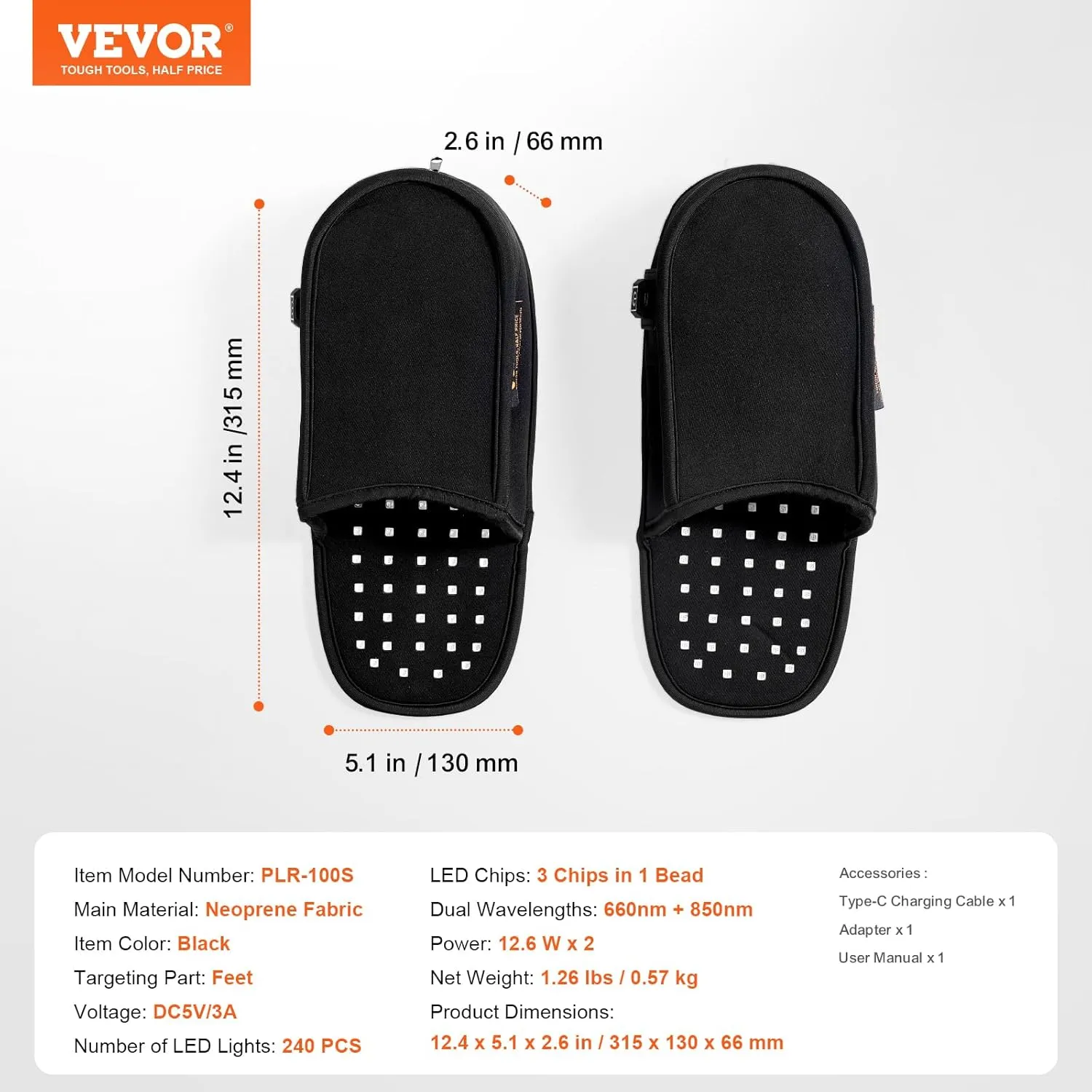 VEVOR Red Light Therapy for Foot, 660nm & 850nm Red Light Therapy Slipper with 240 LEDs & 10 Hz/40 Hz Pulse Mode, Double-Sided LED Light Therapy Shoe for Foot Toe Instep Sole Pain Relief, Muscle Relax