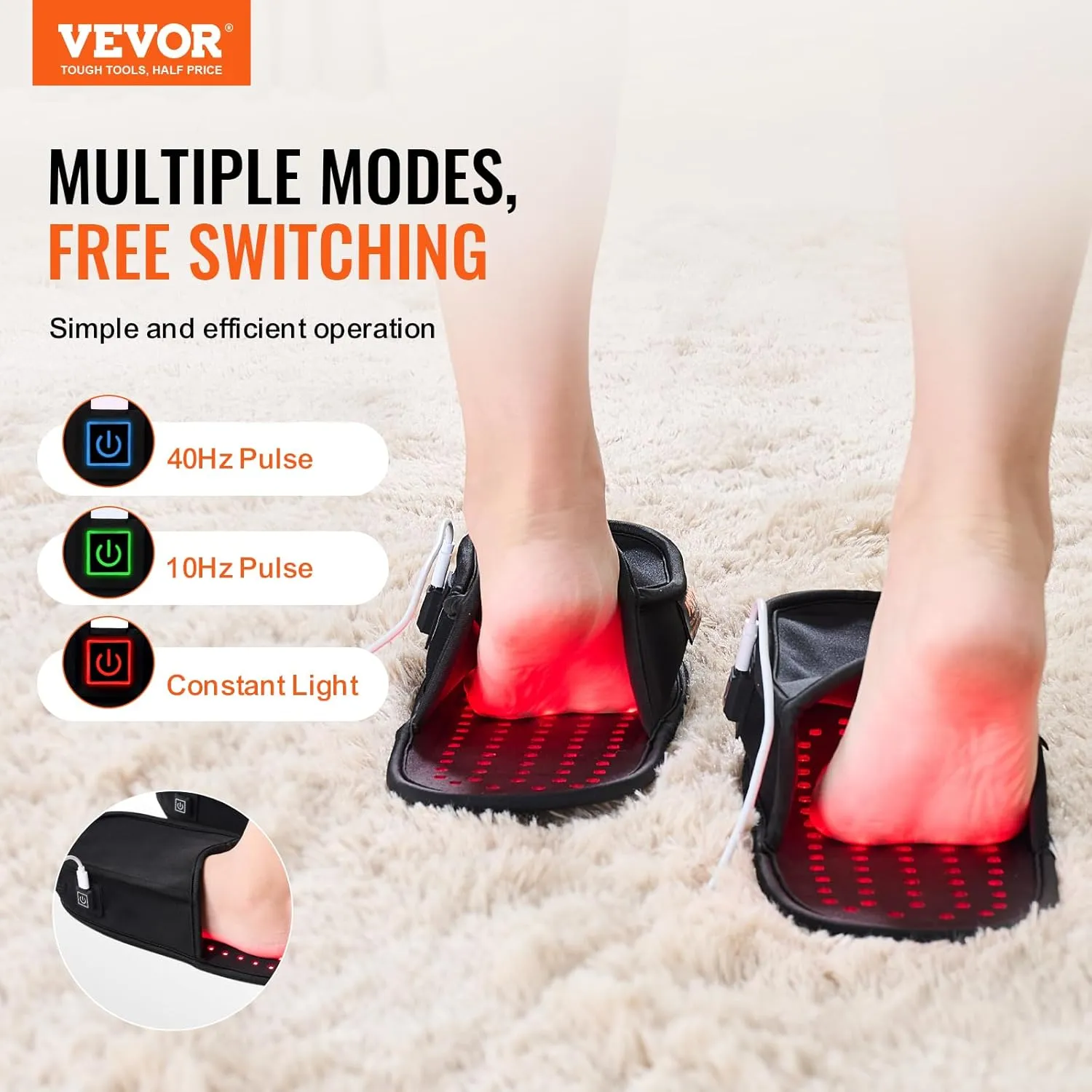 VEVOR Red Light Therapy for Foot, 660nm & 850nm Red Light Therapy Slipper with 240 LEDs & 10 Hz/40 Hz Pulse Mode, Double-Sided LED Light Therapy Shoe for Foot Toe Instep Sole Pain Relief, Muscle Relax