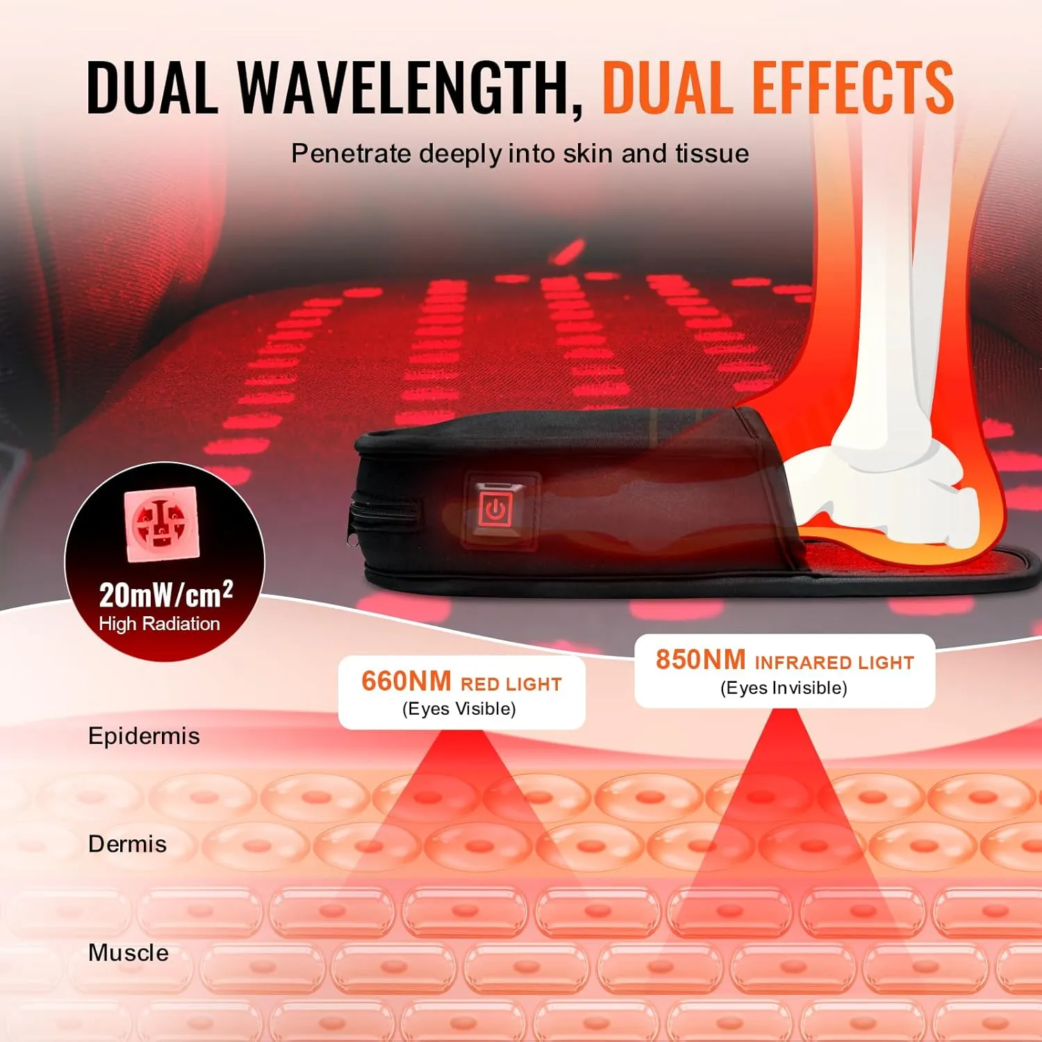VEVOR Red Light Therapy for Foot, 660nm & 850nm Red Light Therapy Slipper with 240 LEDs & 10 Hz/40 Hz Pulse Mode, Double-Sided LED Light Therapy Shoe for Foot Toe Instep Sole Pain Relief, Muscle Relax