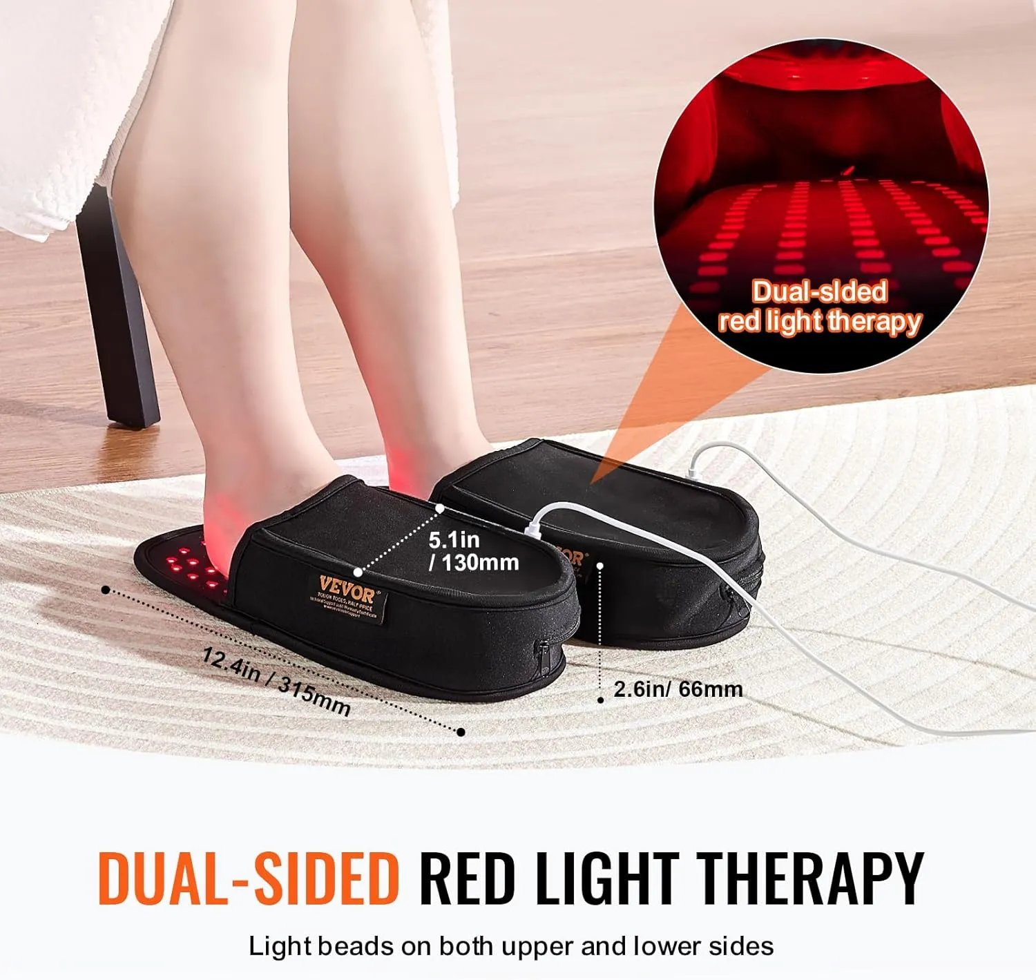 VEVOR Red Light Therapy for Foot, 660nm & 850nm Red Light Therapy Slipper with 240 LEDs & 10 Hz/40 Hz Pulse Mode, Double-Sided LED Light Therapy Shoe for Foot Toe Instep Sole Pain Relief, Muscle Relax