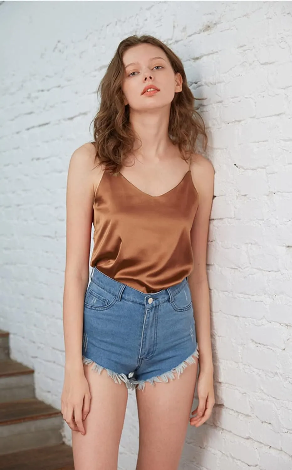 Wantschun Womens Silk Satin Camisole Cami Plain Strappy Vest Top T-Shirt Blouse Tank Shirt V-Neck Spaghetti Strap XS-4X