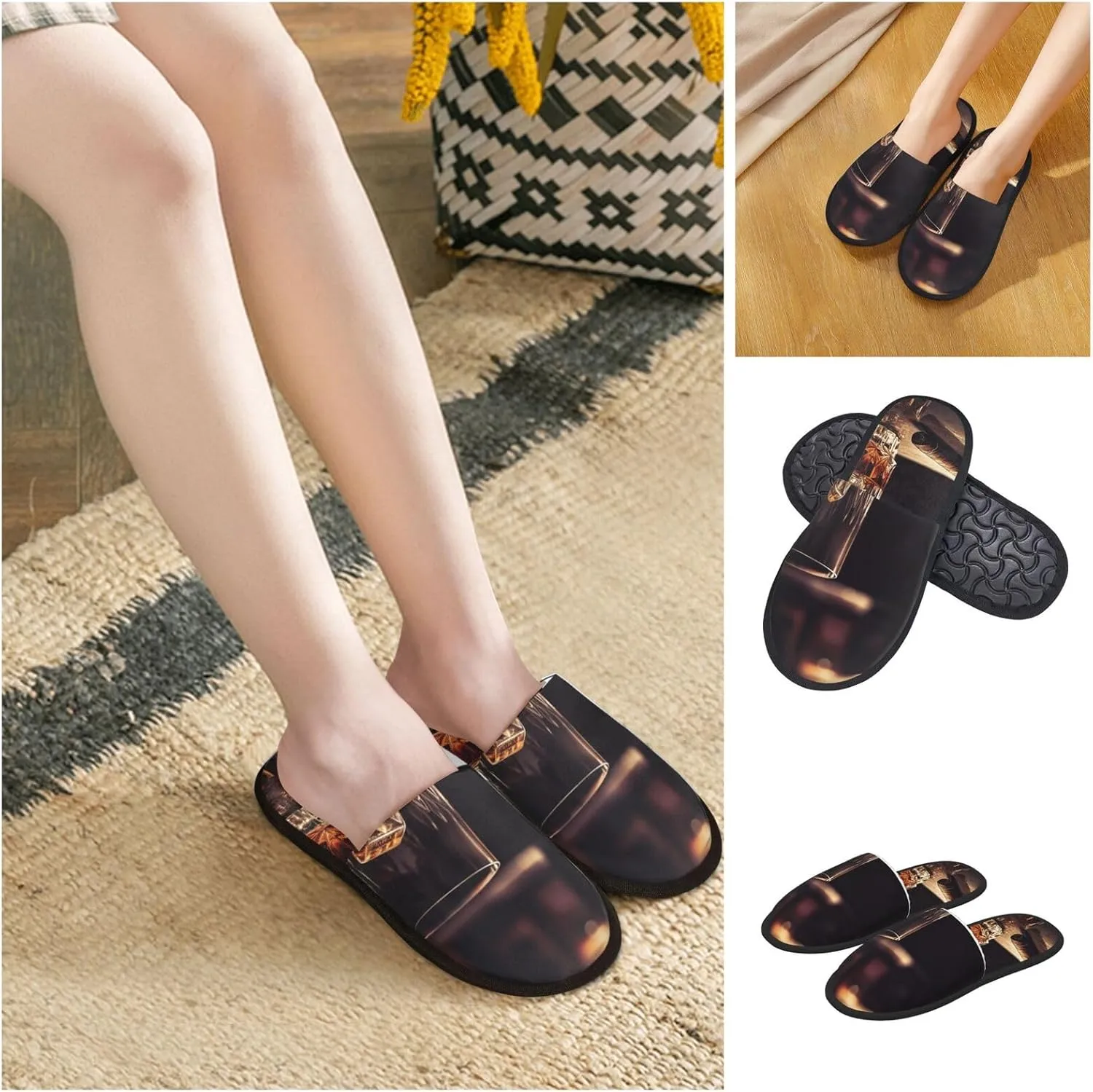 Whisky and Cigar Women's Fuzzy Slippers Slip-on Slipper Soft Comfy Bedroom Slippers Non-slip House Shoes