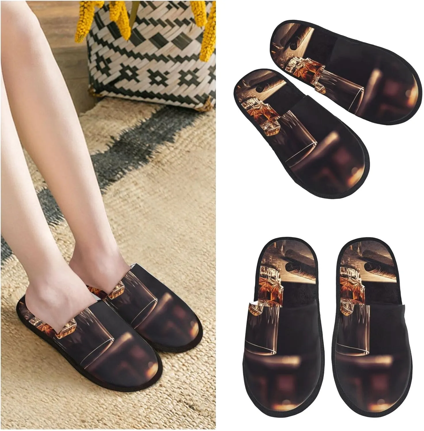 Whisky and Cigar Women's Fuzzy Slippers Slip-on Slipper Soft Comfy Bedroom Slippers Non-slip House Shoes