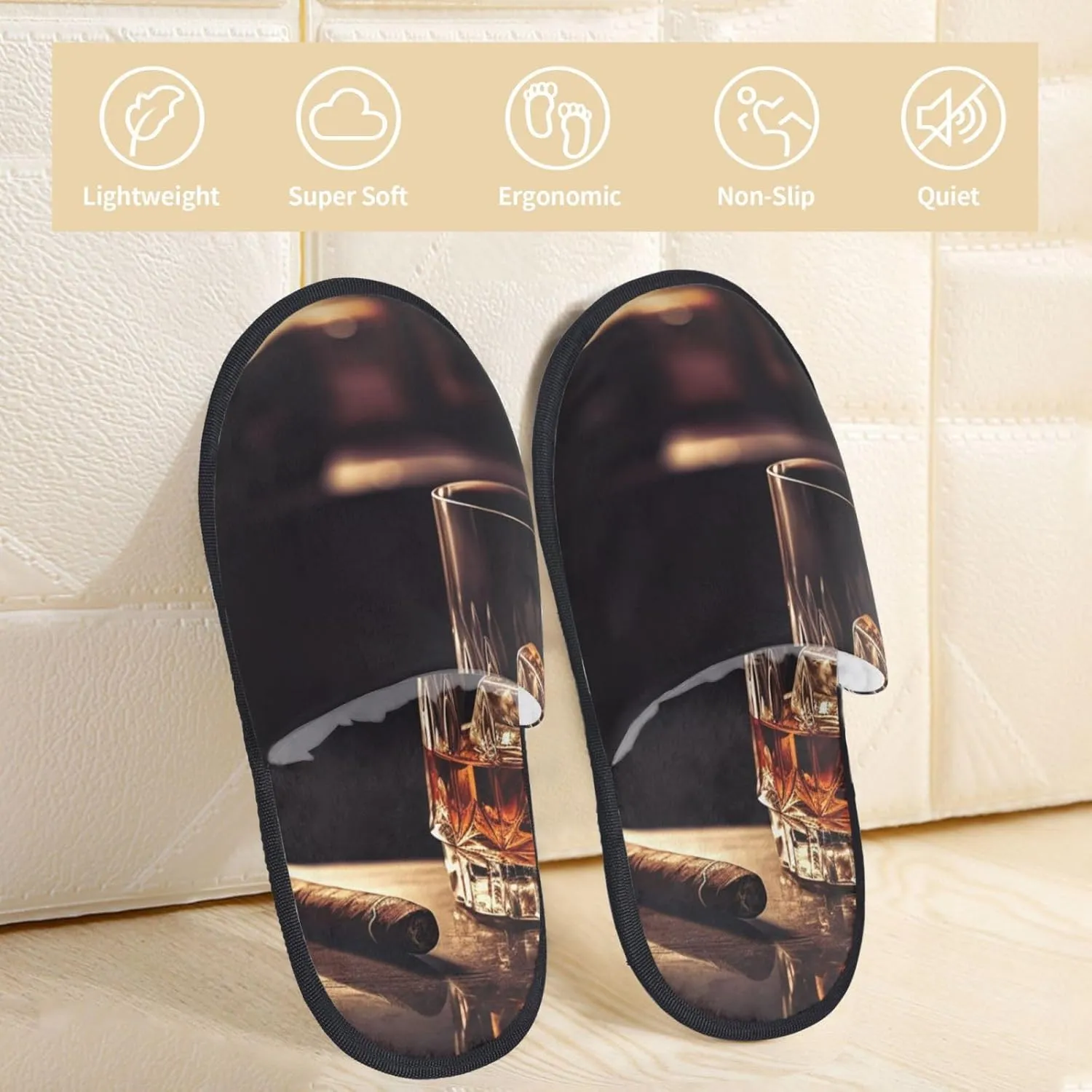 Whisky and Cigar Women's Fuzzy Slippers Slip-on Slipper Soft Comfy Bedroom Slippers Non-slip House Shoes