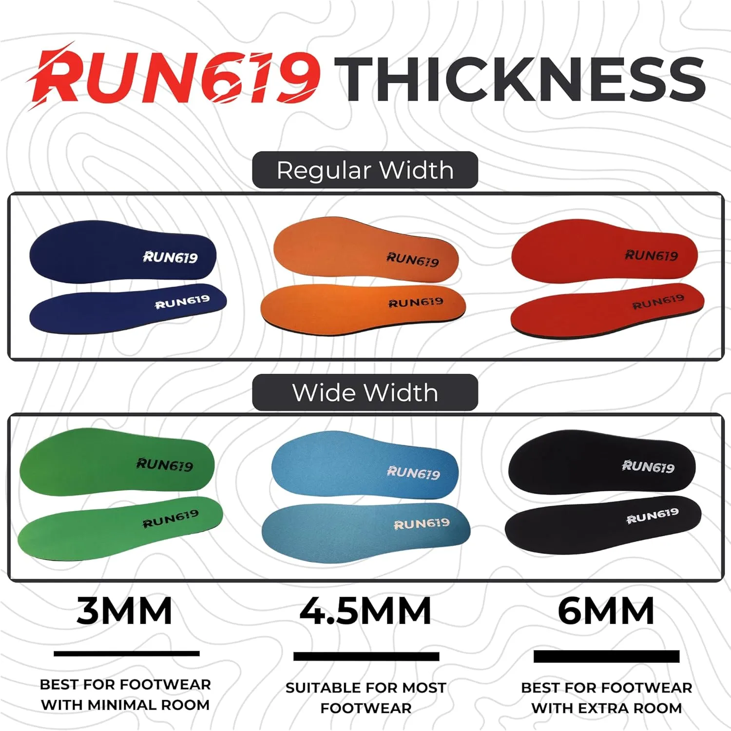 Wide Run 619 Shoe Insoles - Zero Drop Profile, Traditional Shape, Foot Forming, Wide Width - Thin, Firm, Flat Shoe Inserts - Men's Size 15