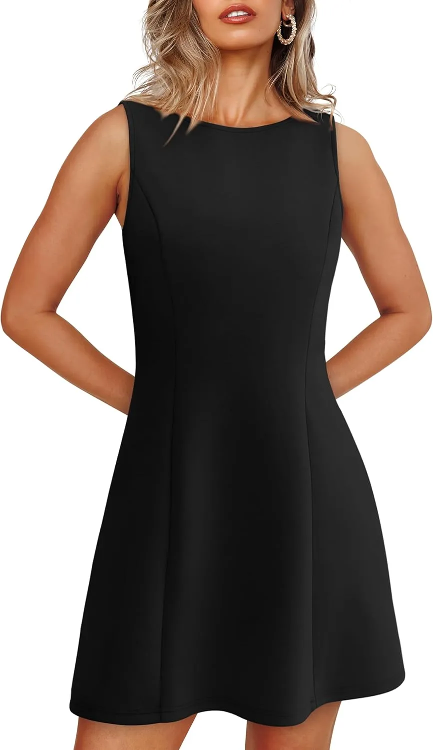 WIHOLL Women's Summer A-Line Sleeveless Boat Neck Mini Dress Club Party Little Short Dresses