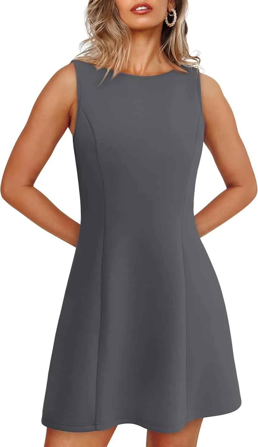 WIHOLL Women's Summer A-Line Sleeveless Boat Neck Mini Dress Club Party Little Short Dresses