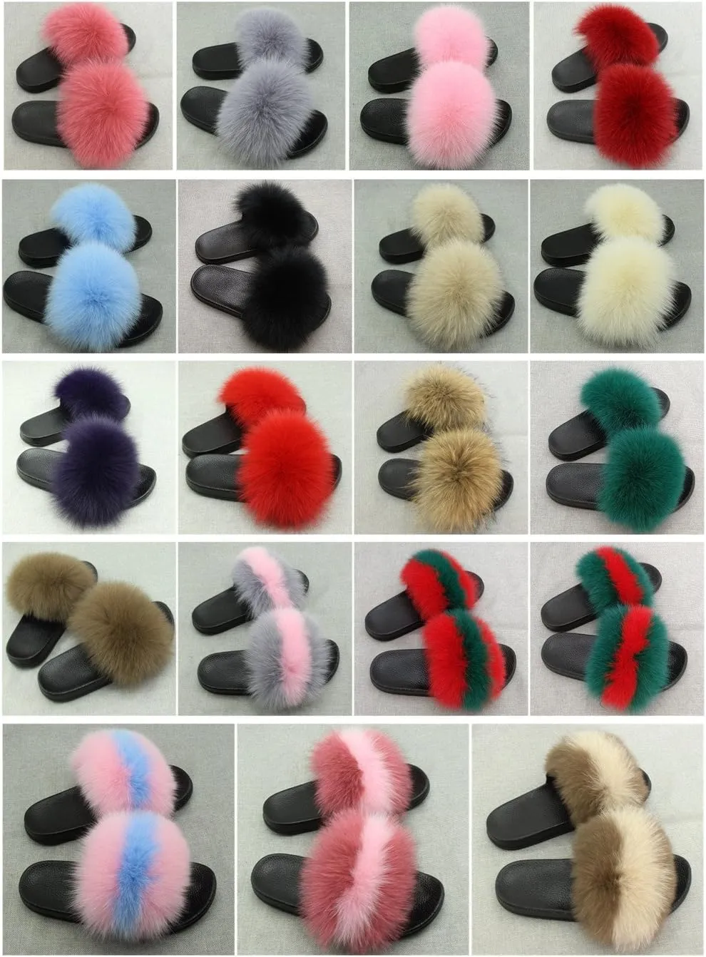 Women Real Fox Fur Feather Vegan Leather Open Toe Single Strap Slip On Sandals Multicolor