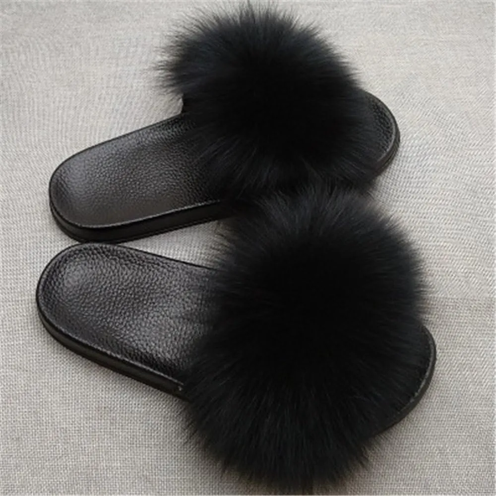 Women Real Fox Fur Feather Vegan Leather Open Toe Single Strap Slip On Sandals Multicolor