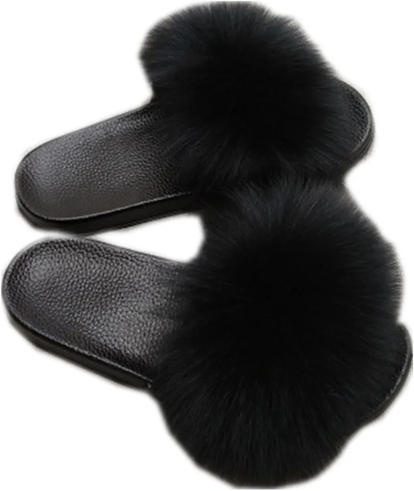 Women Real Fox Fur Feather Vegan Leather Open Toe Single Strap Slip On Sandals Multicolor