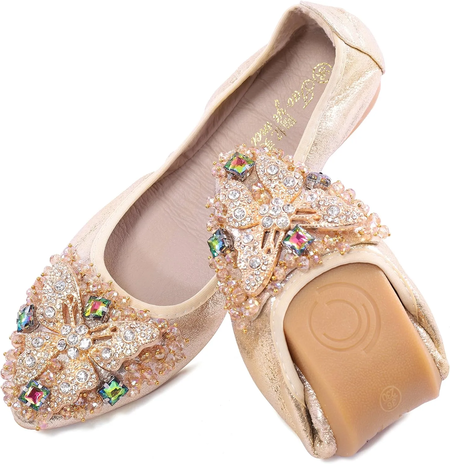 Womens Ballet Flats Foldable Rhinestone Pointed Toe Comfortable Slip on Wedding Flat Shoes Dress Flats for Women