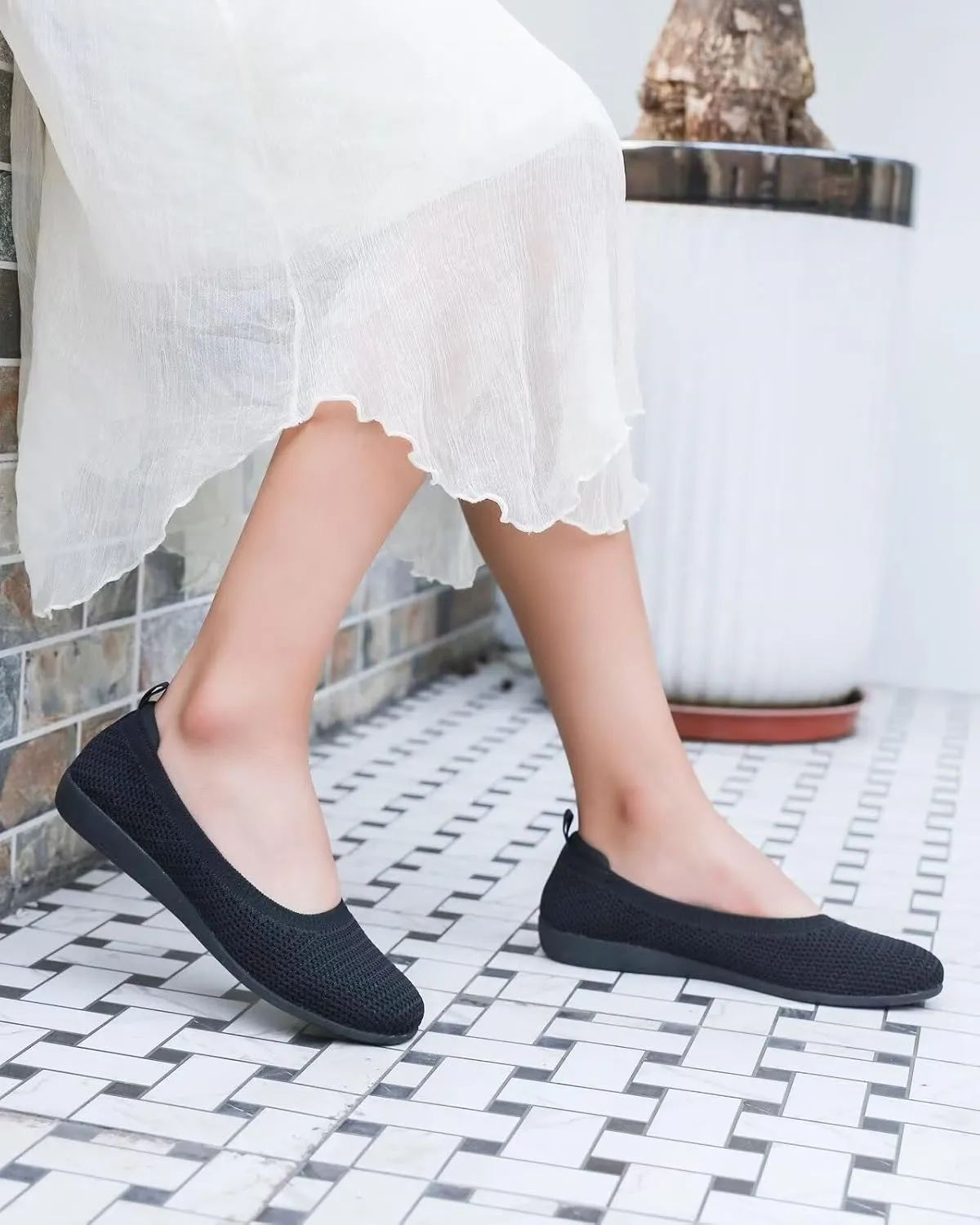 Women's Ballet Flats Knit Dress Shoes Soft Work Comfort Ballerina Slip-on Walking Shoes with Arch Support