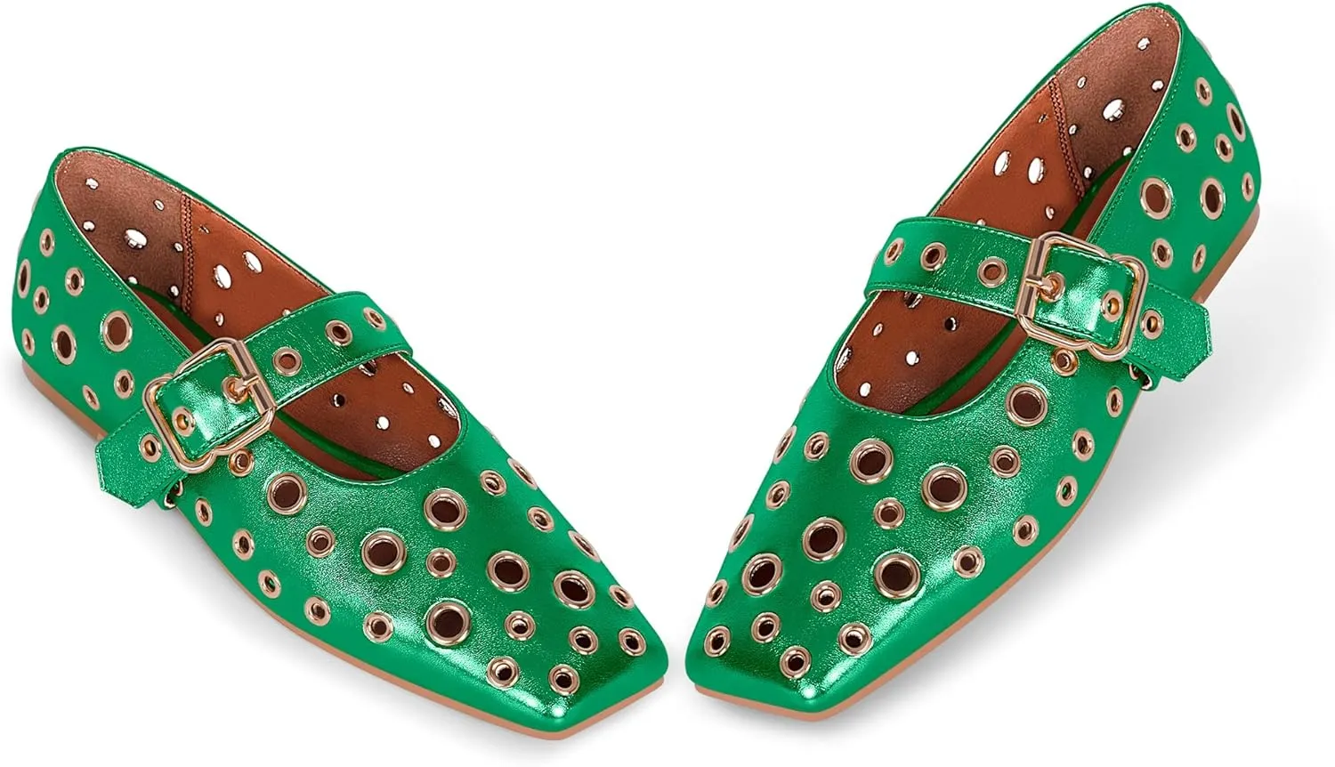 Women's Ballet Flats Studded Metal Eyelet Buckle Perforated Mary Jane Shoes