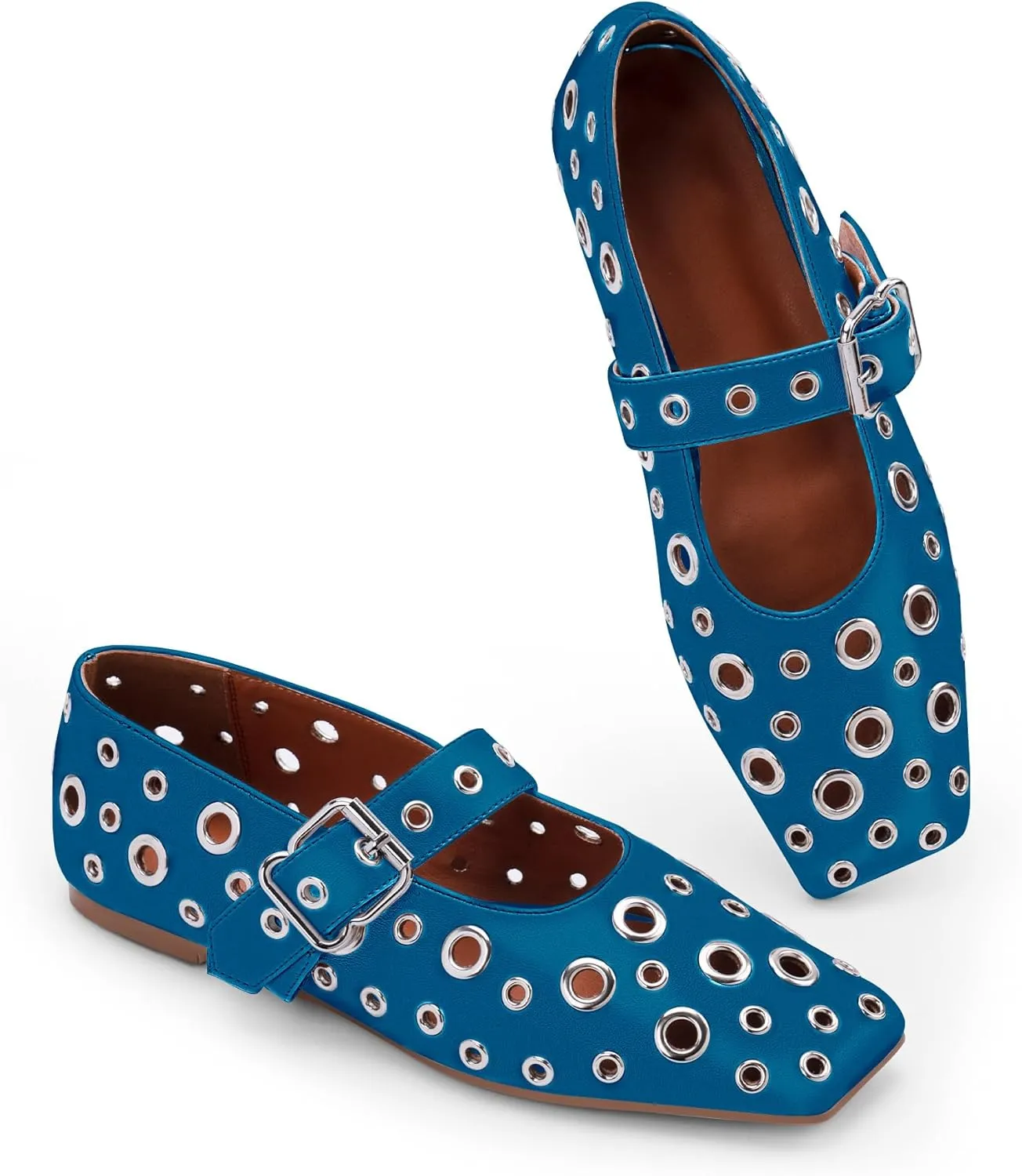 Women's Ballet Flats Studded Metal Eyelet Buckle Perforated Mary Jane Shoes