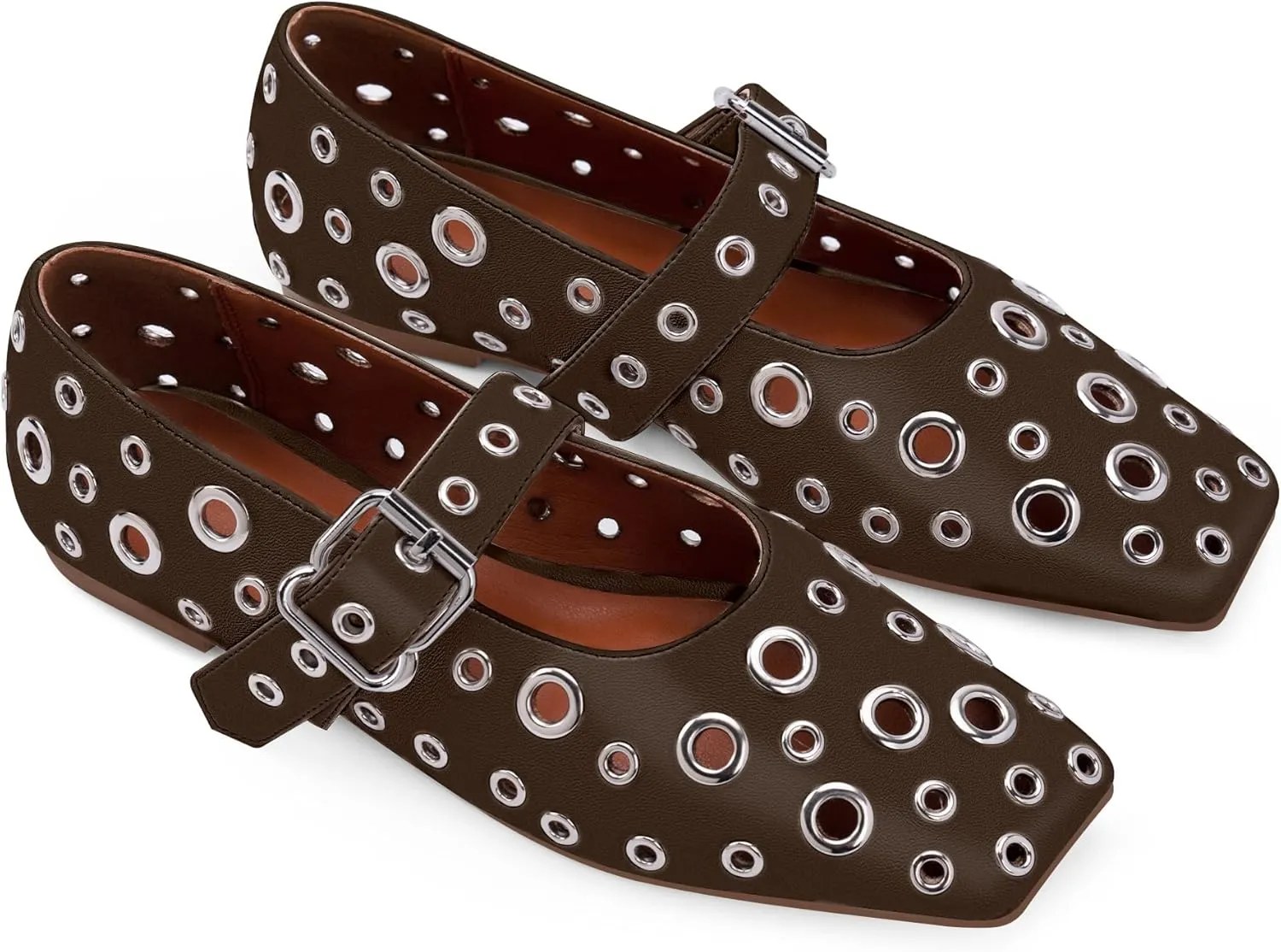 Women's Ballet Flats Studded Metal Eyelet Buckle Perforated Mary Jane Shoes