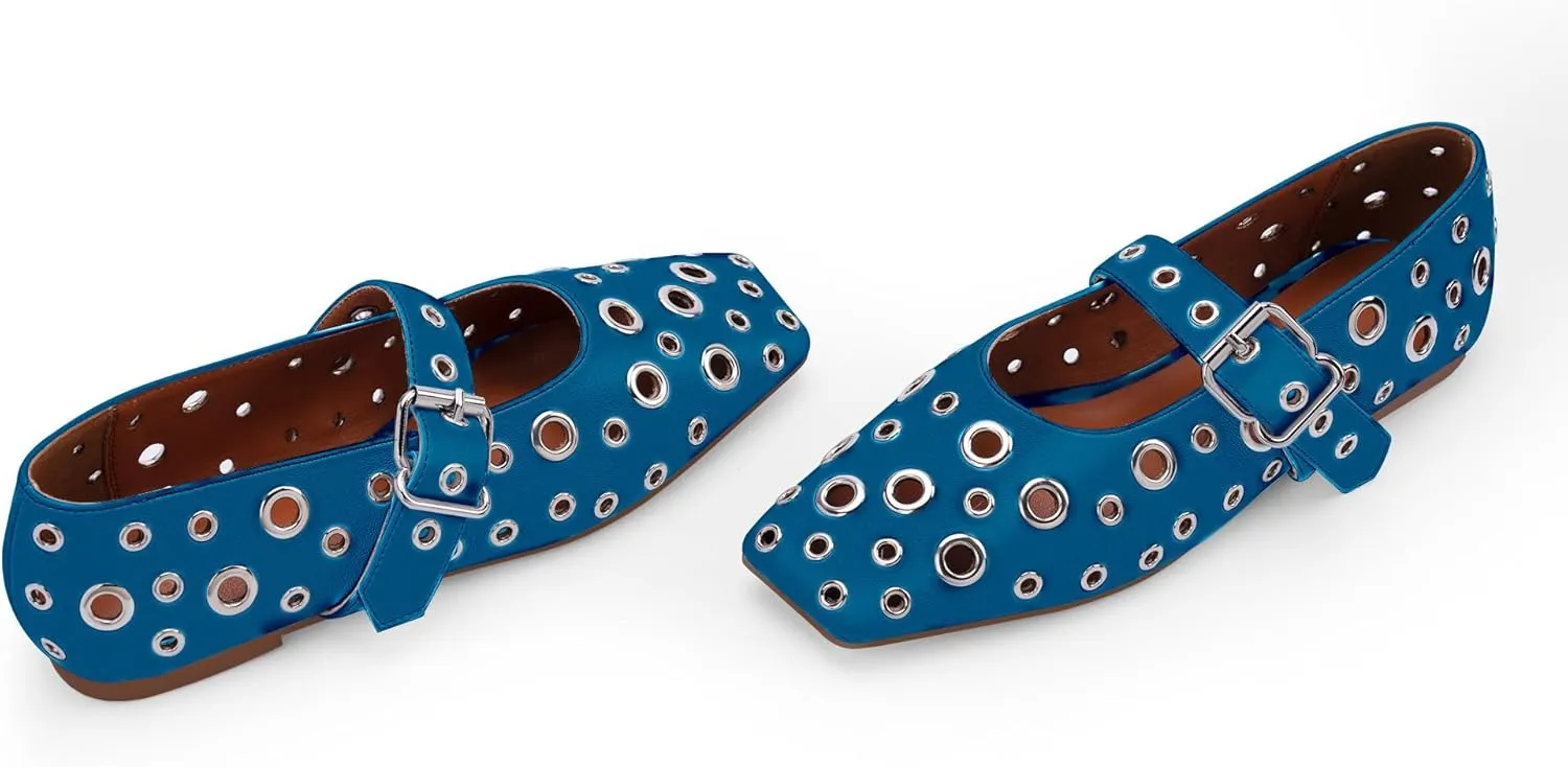 Women's Ballet Flats Studded Metal Eyelet Buckle Perforated Mary Jane Shoes