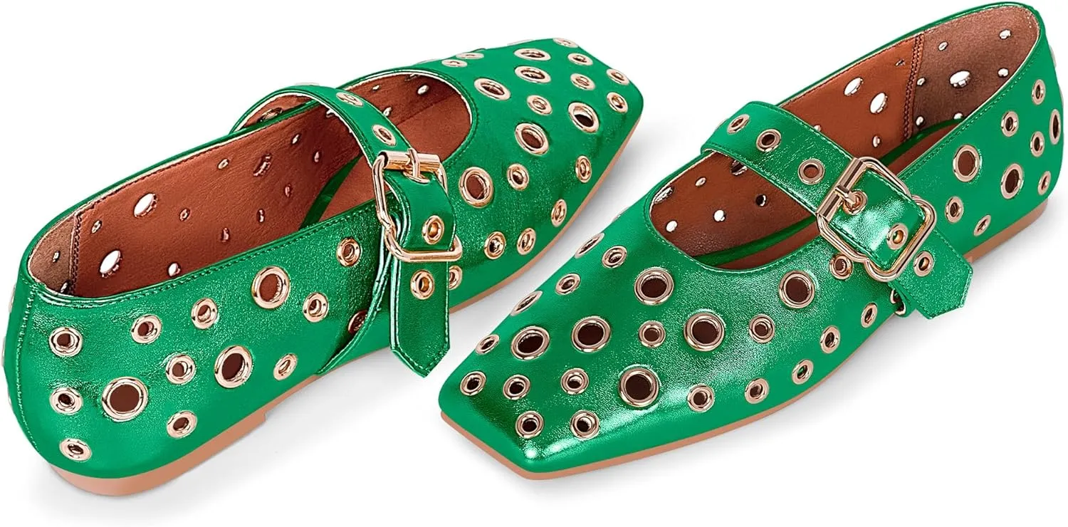 Women's Ballet Flats Studded Metal Eyelet Buckle Perforated Mary Jane Shoes