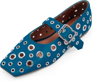 Women's Ballet Flats Studded Metal Eyelet Buckle Perforated Mary Jane Shoes