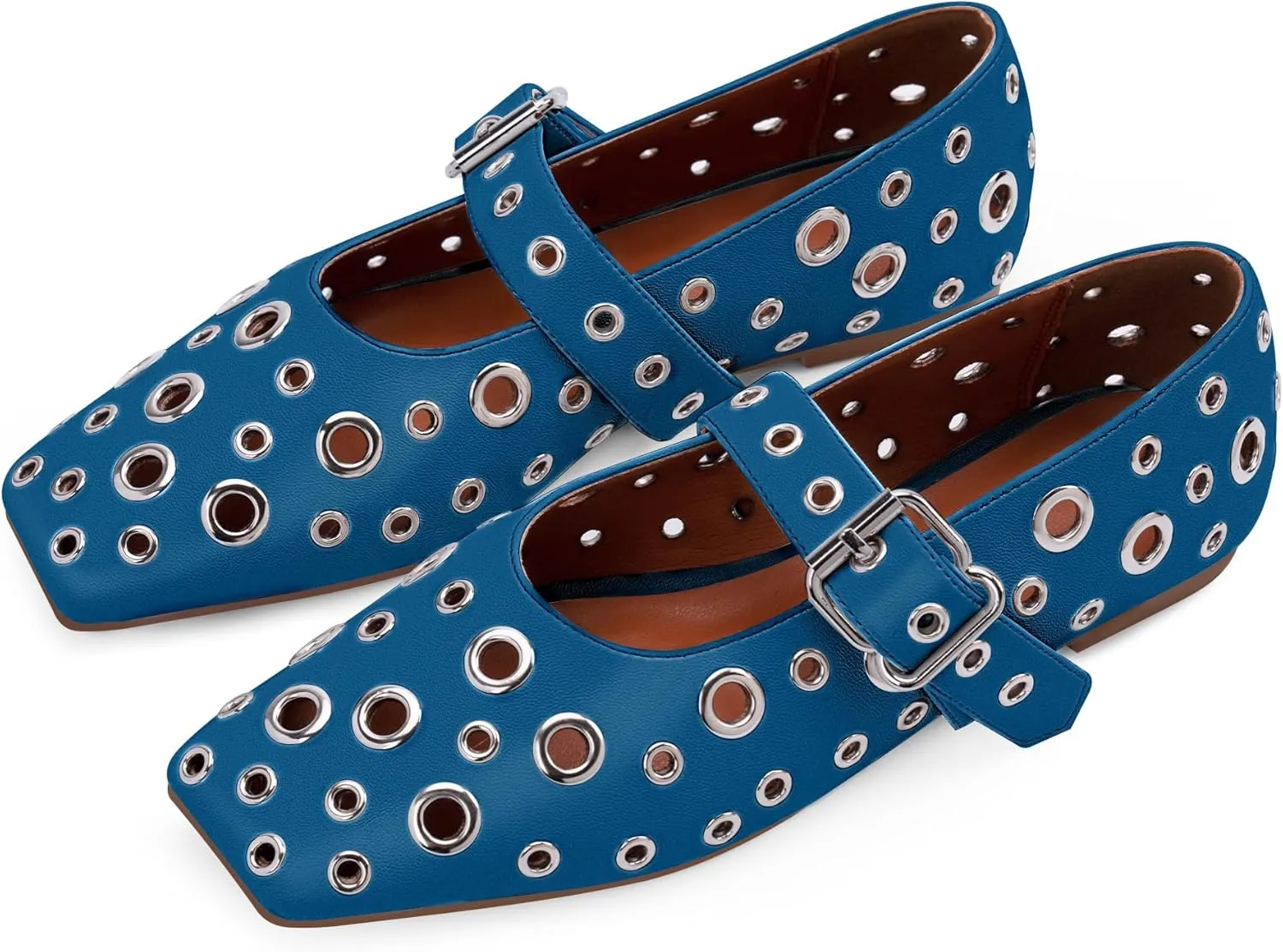 Women's Ballet Flats Studded Metal Eyelet Buckle Perforated Mary Jane Shoes