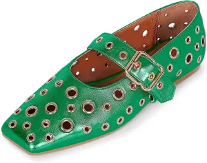Women's Ballet Flats Studded Metal Eyelet Buckle Perforated Mary Jane Shoes
