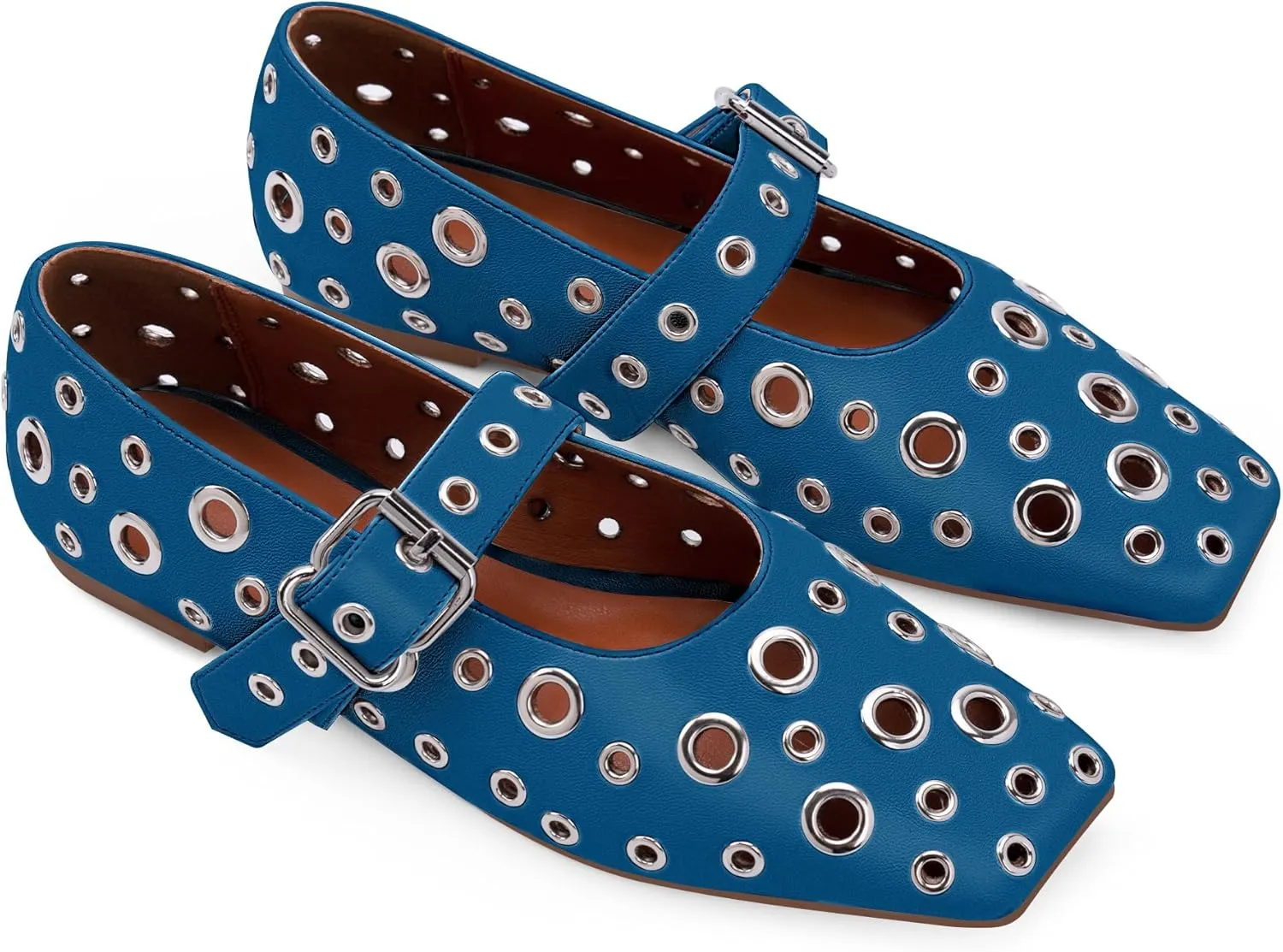 Women's Ballet Flats Studded Metal Eyelet Buckle Perforated Mary Jane Shoes