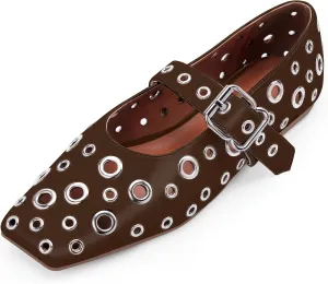 Women's Ballet Flats Studded Metal Eyelet Buckle Perforated Mary Jane Shoes