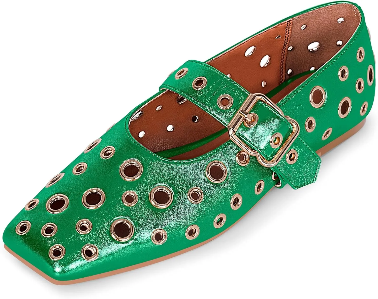 Women's Ballet Flats Studded Metal Eyelet Buckle Perforated Mary Jane Shoes