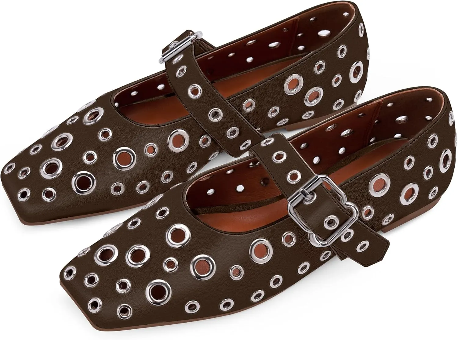 Women's Ballet Flats Studded Metal Eyelet Buckle Perforated Mary Jane Shoes