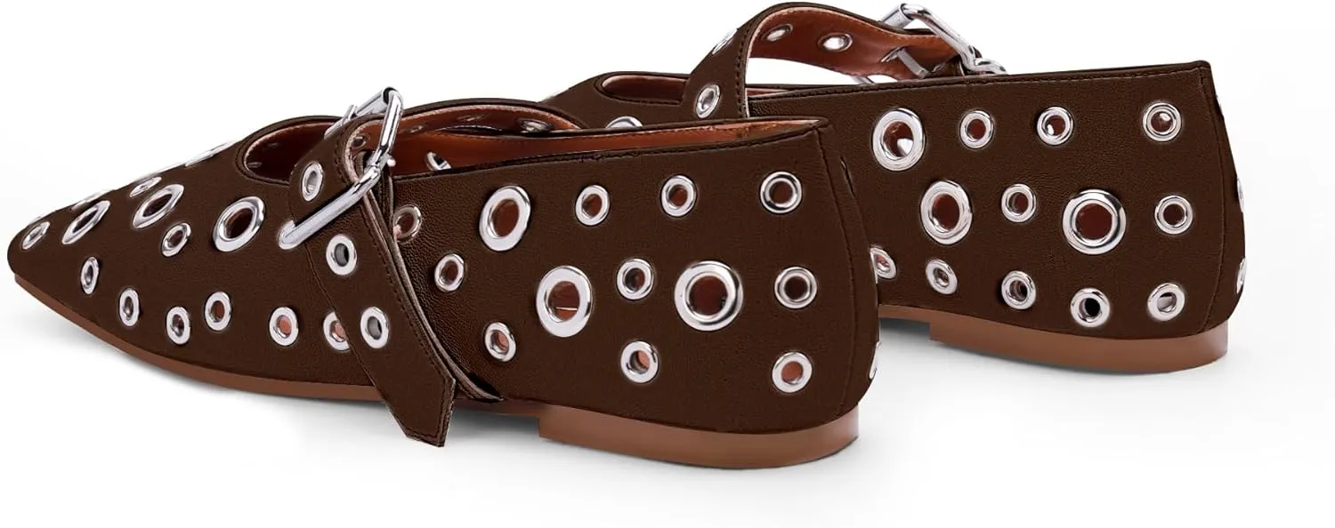 Women's Ballet Flats Studded Metal Eyelet Buckle Perforated Mary Jane Shoes