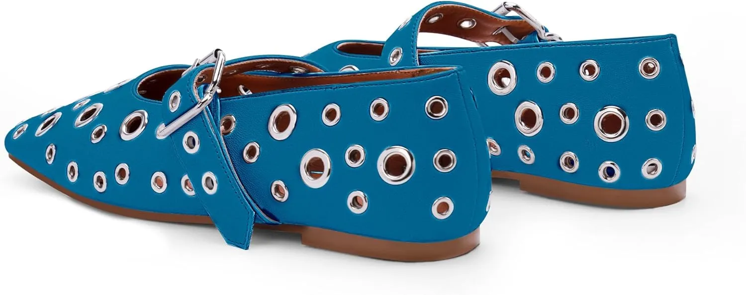 Women's Ballet Flats Studded Metal Eyelet Buckle Perforated Mary Jane Shoes