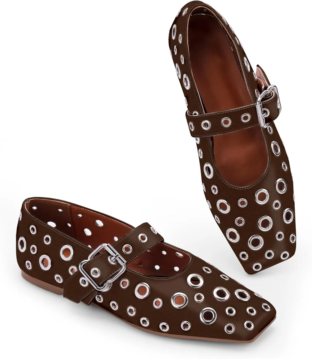 Women's Ballet Flats Studded Metal Eyelet Buckle Perforated Mary Jane Shoes