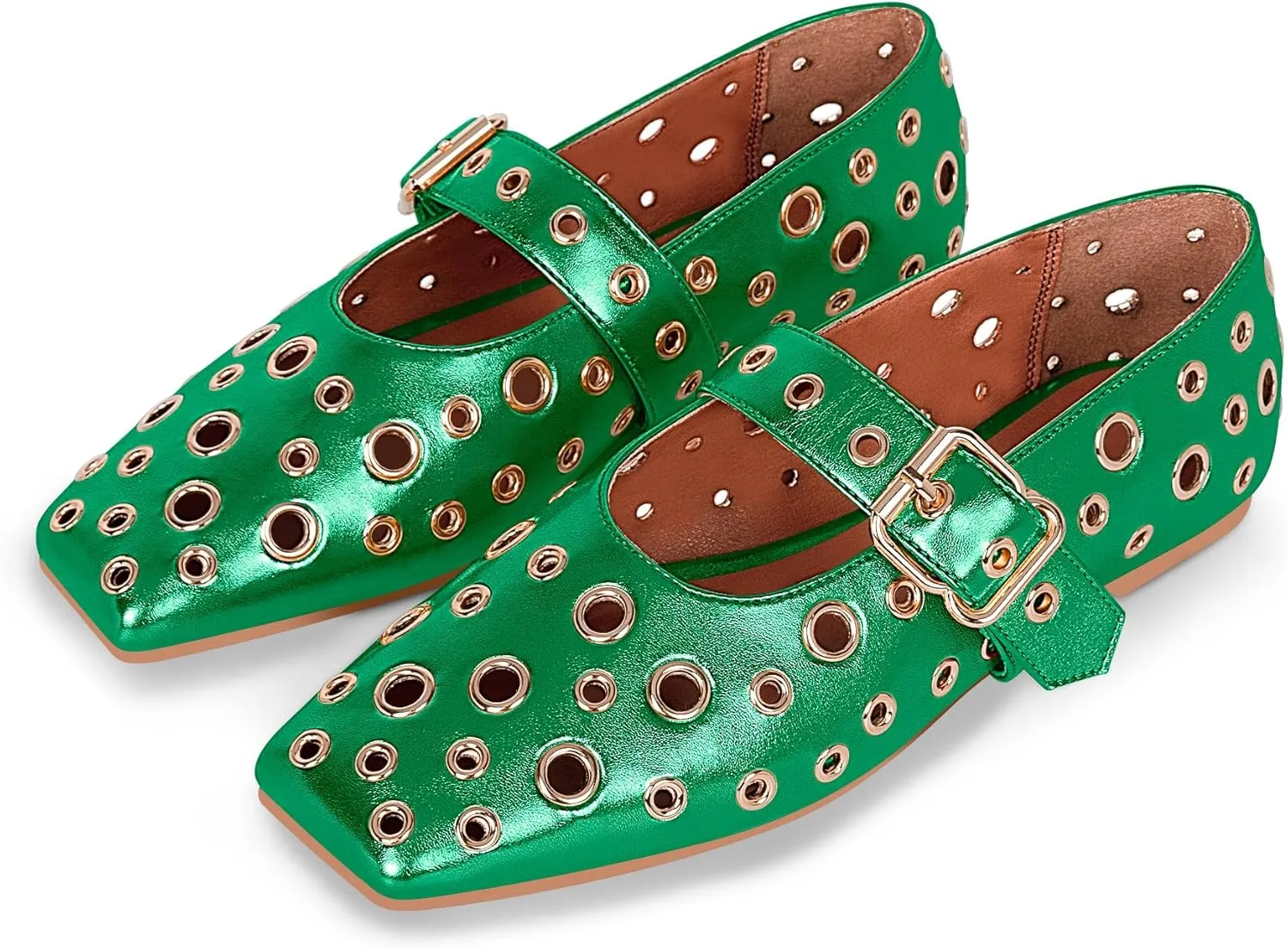 Women's Ballet Flats Studded Metal Eyelet Buckle Perforated Mary Jane Shoes