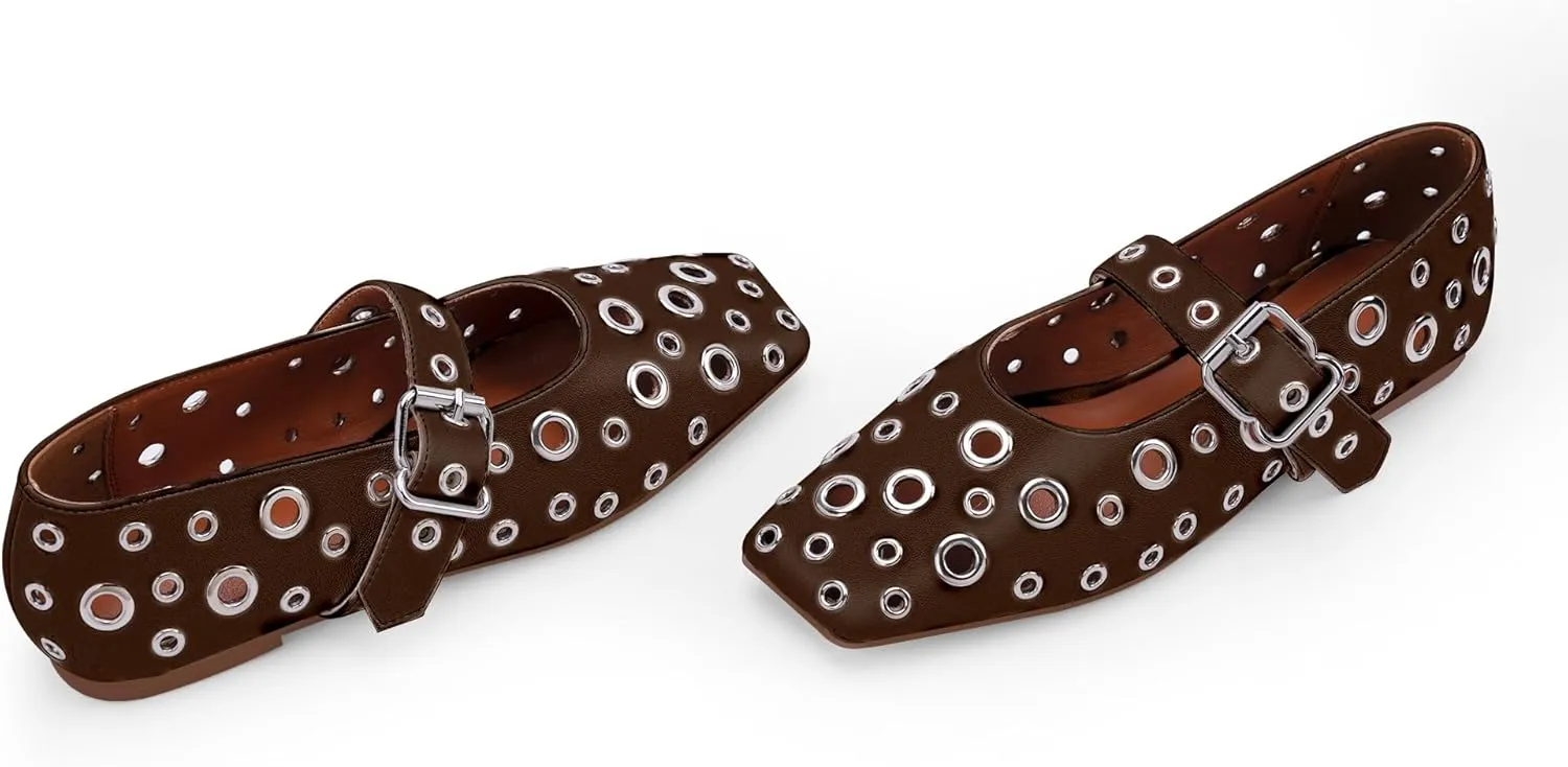 Women's Ballet Flats Studded Metal Eyelet Buckle Perforated Mary Jane Shoes