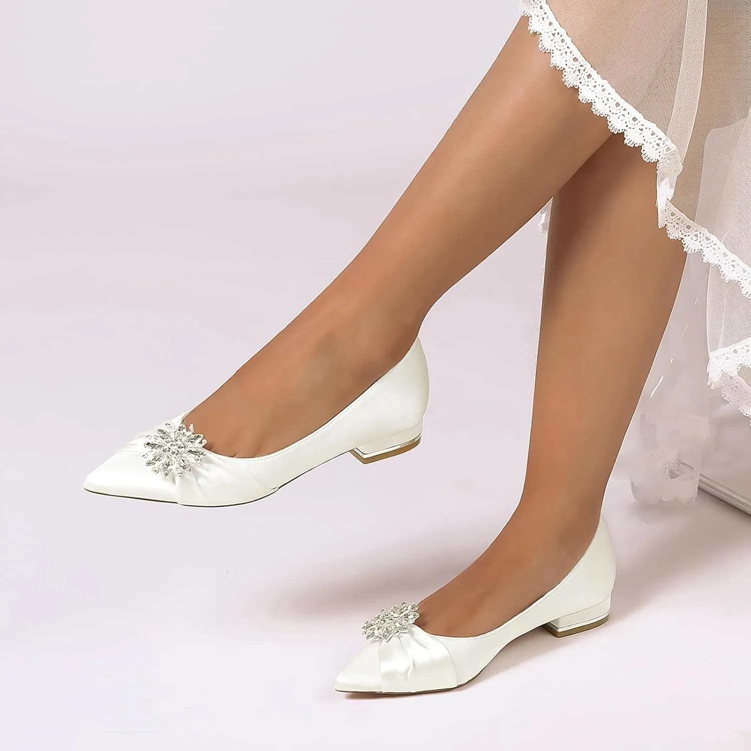 Women's Bride Wedding Shoes Satin Rhinestone Closed Toe Pumps Ankle Buckle Ballet Flats Pointy Toe Slip on Bridal Shoes