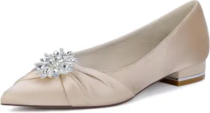 Women's Bride Wedding Shoes Satin Rhinestone Closed Toe Pumps Ankle Buckle Ballet Flats Pointy Toe Slip on Bridal Shoes