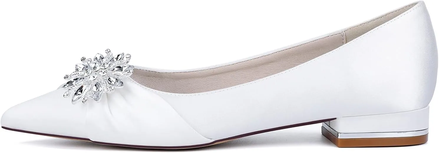 Women's Bride Wedding Shoes Satin Rhinestone Closed Toe Pumps Ankle Buckle Ballet Flats Pointy Toe Slip on Bridal Shoes