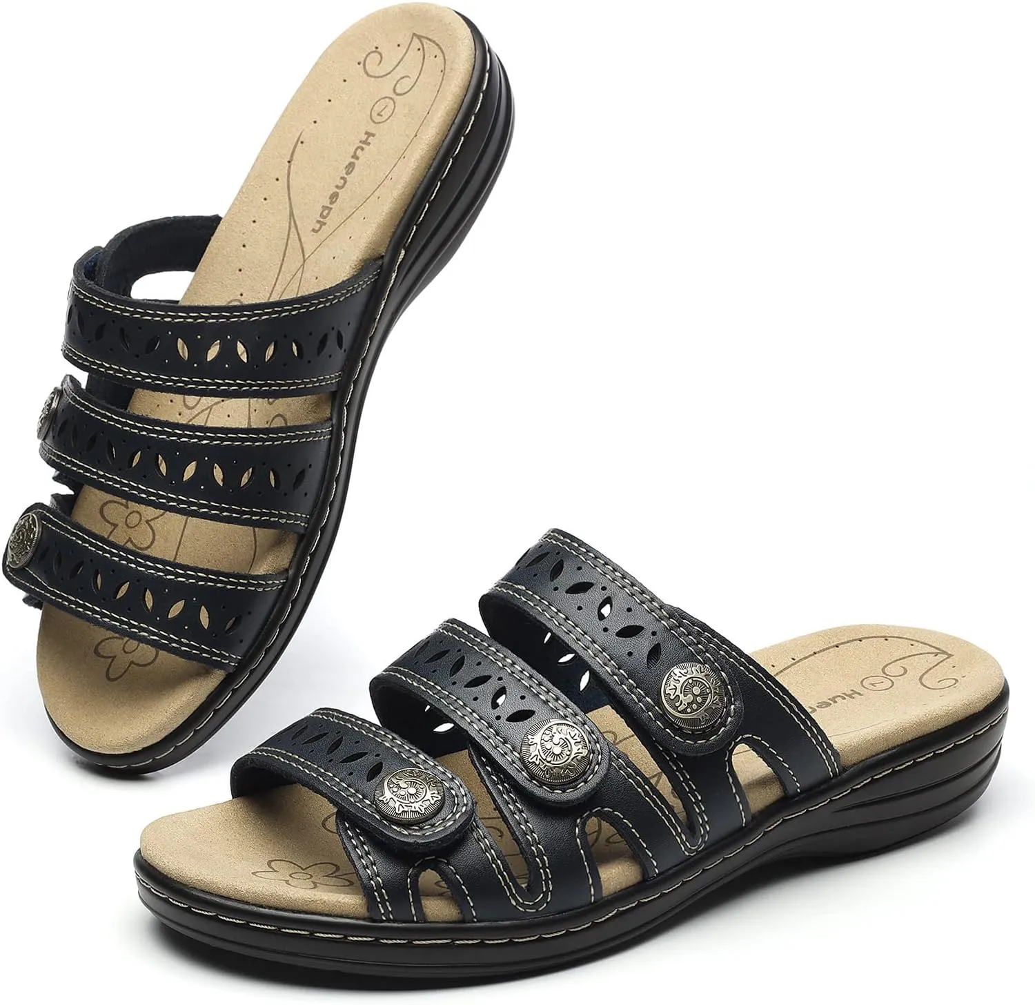Women's Comfort Leather Slides Lightweight Flat Sandals Cute Slip On Casual Walking Slippers