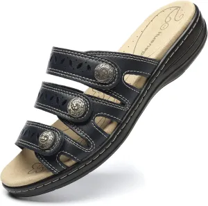 Women's Comfort Leather Slides Lightweight Flat Sandals Cute Slip On Casual Walking Slippers