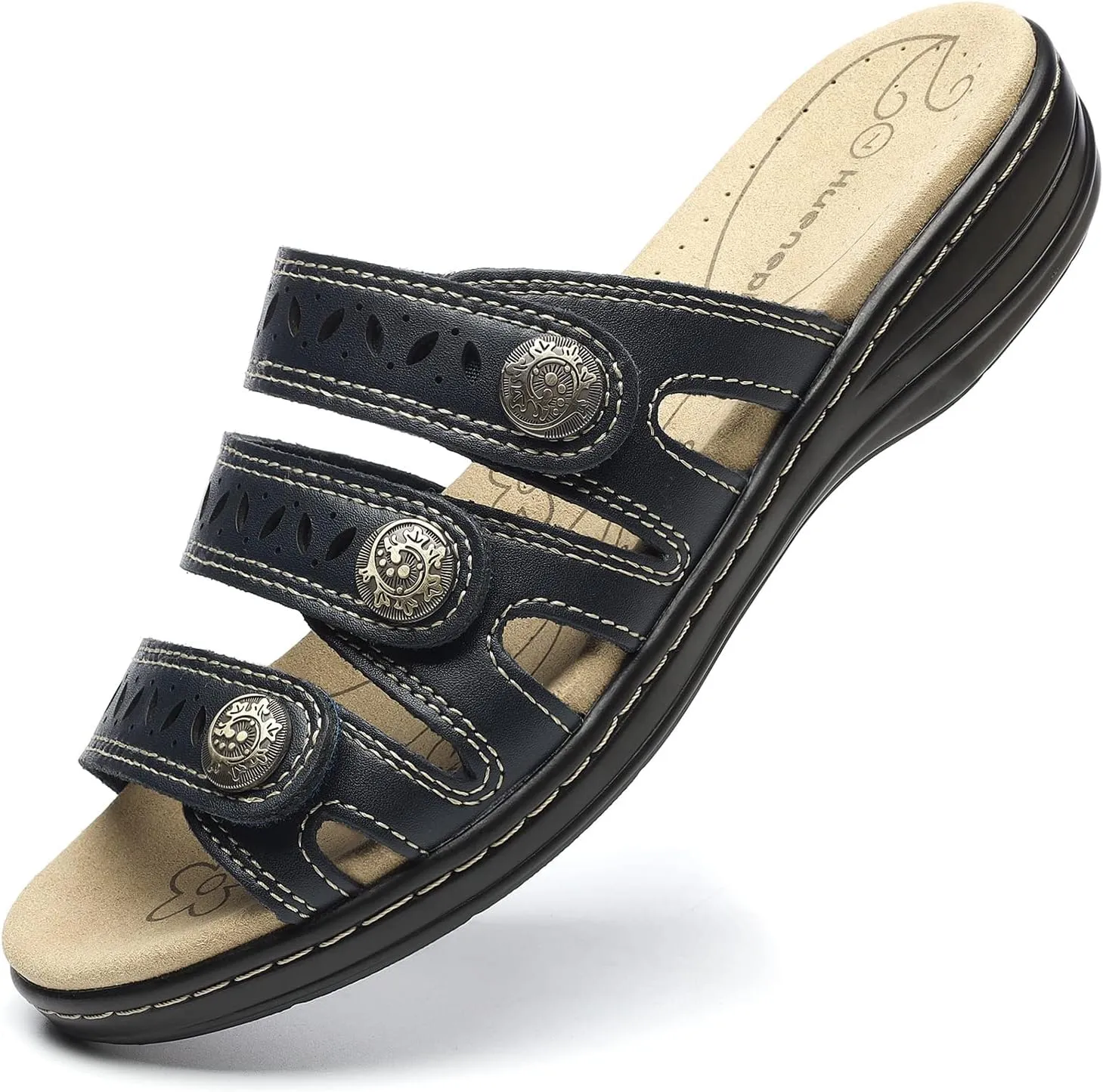 Women's Comfort Leather Slides Lightweight Flat Sandals Cute Slip On Casual Walking Slippers