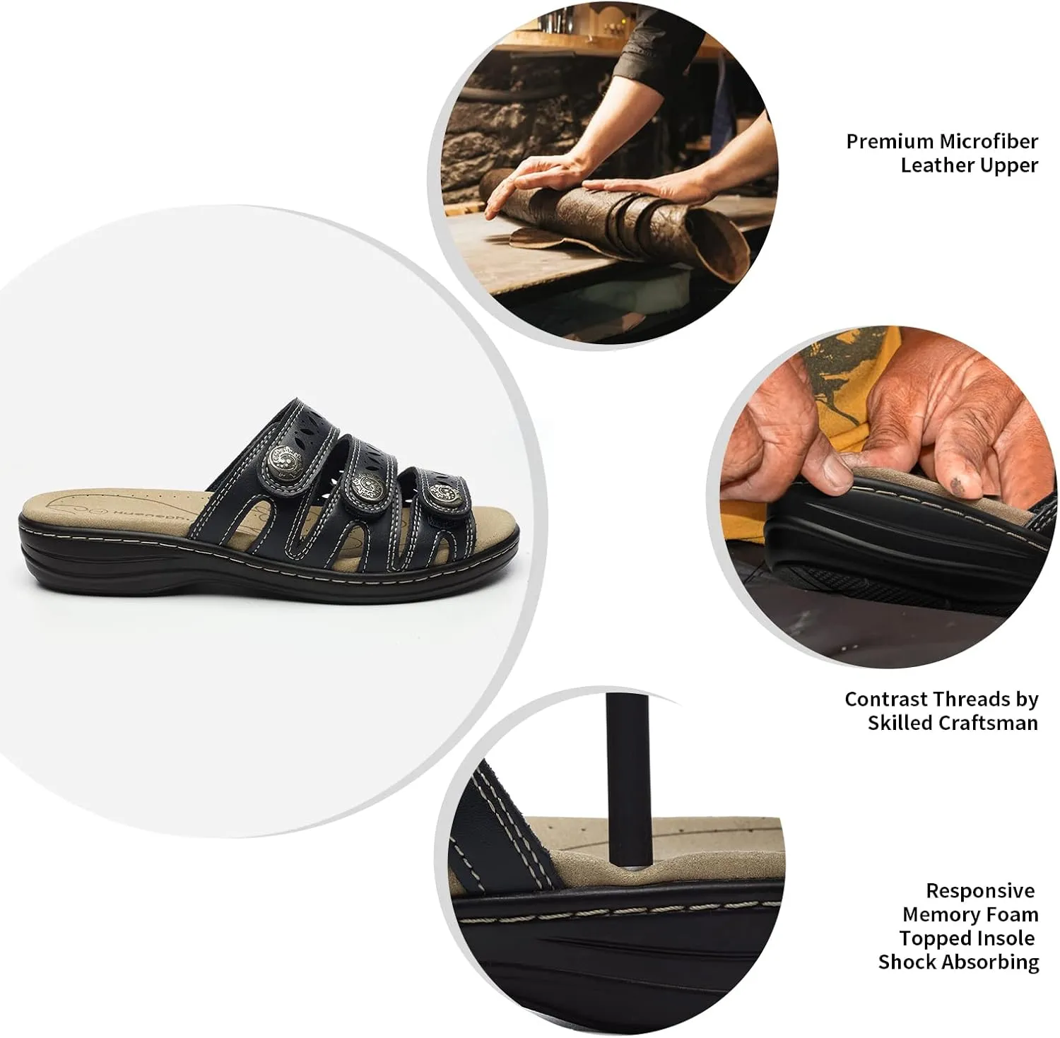 Women's Comfort Leather Slides Lightweight Flat Sandals Cute Slip On Casual Walking Slippers