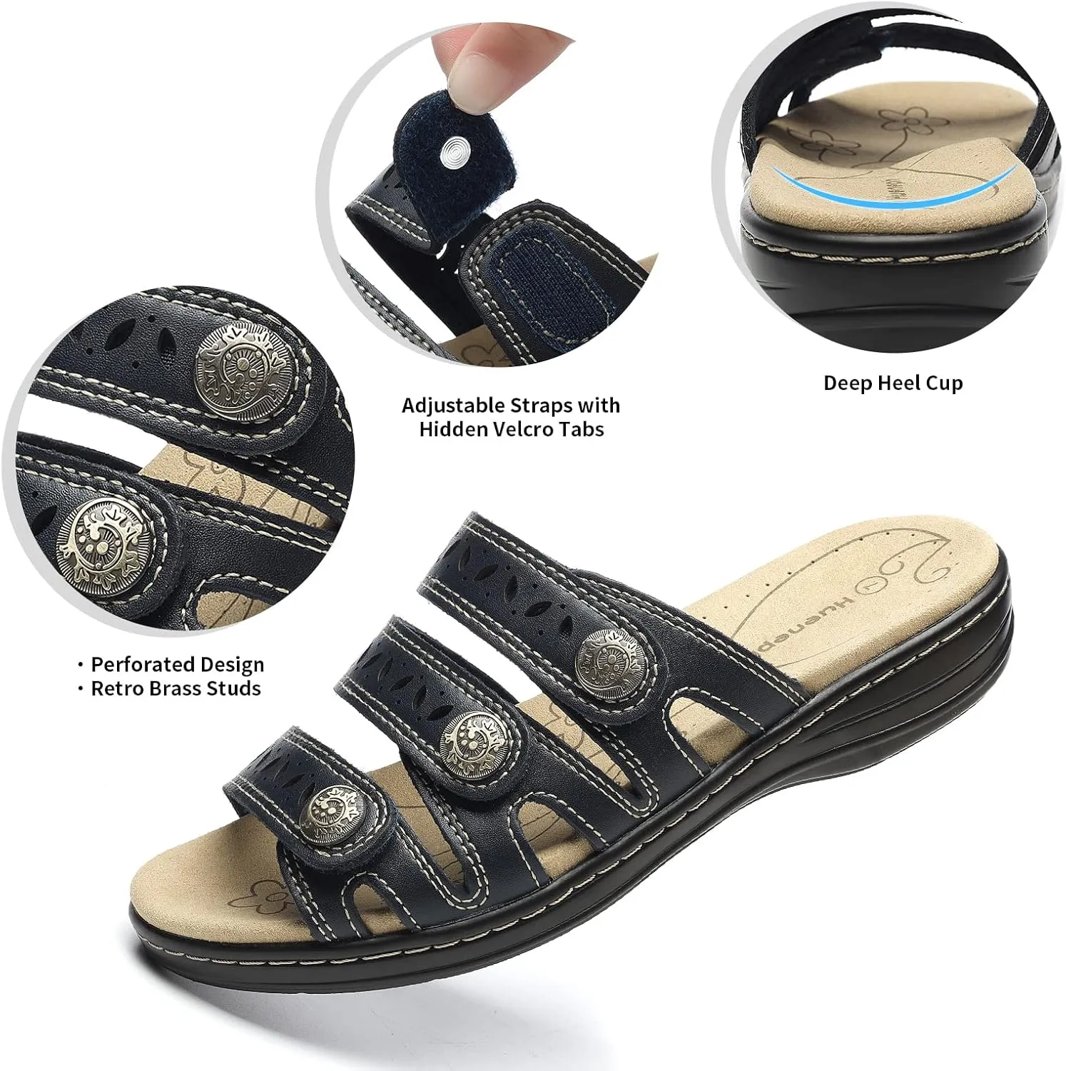 Women's Comfort Leather Slides Lightweight Flat Sandals Cute Slip On Casual Walking Slippers