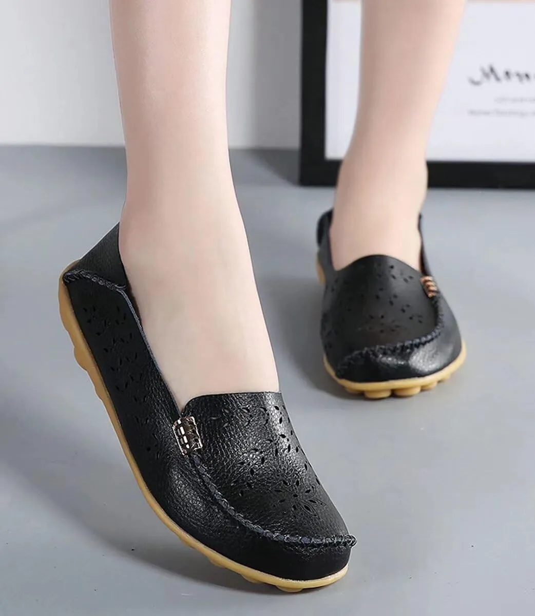 Womens Cowhide Casual Slipper Loafers Moccasin Driving Shoes Flat Slip-Ons
