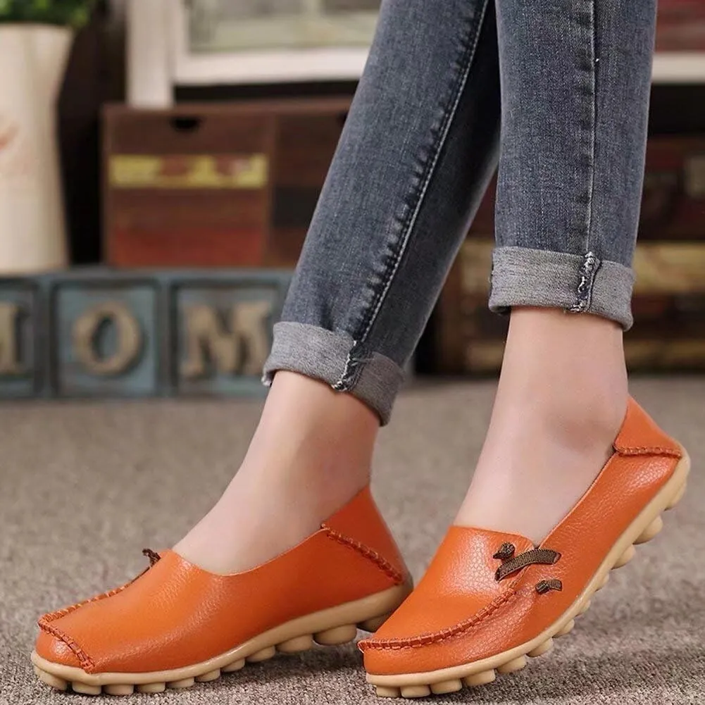 Women's Cowhide Leather Slipper Loafers Flat Shoes Slip-Ons