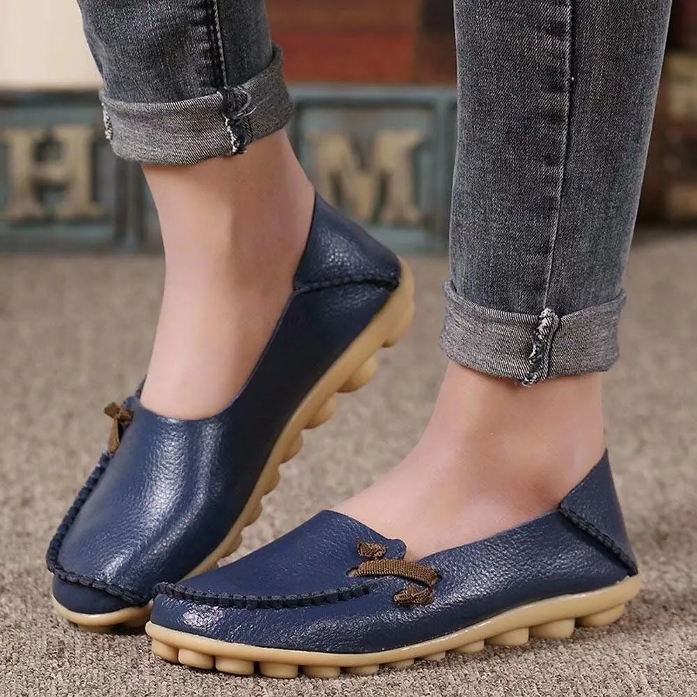 Women's Cowhide Leather Slipper Loafers Flat Shoes Slip-Ons
