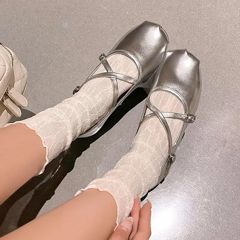 Women's Cross Strap Ballet Flats Square Toe Casual Retro Mary Jane Lolita Dress Shoes
